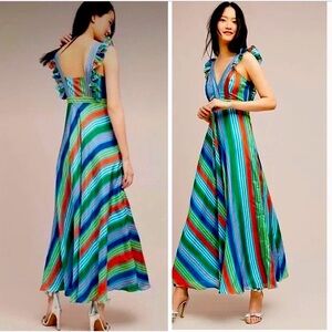 Anthropologie Anupamaa 100% Silk Summer School Maxi Dress Multicolor Striped